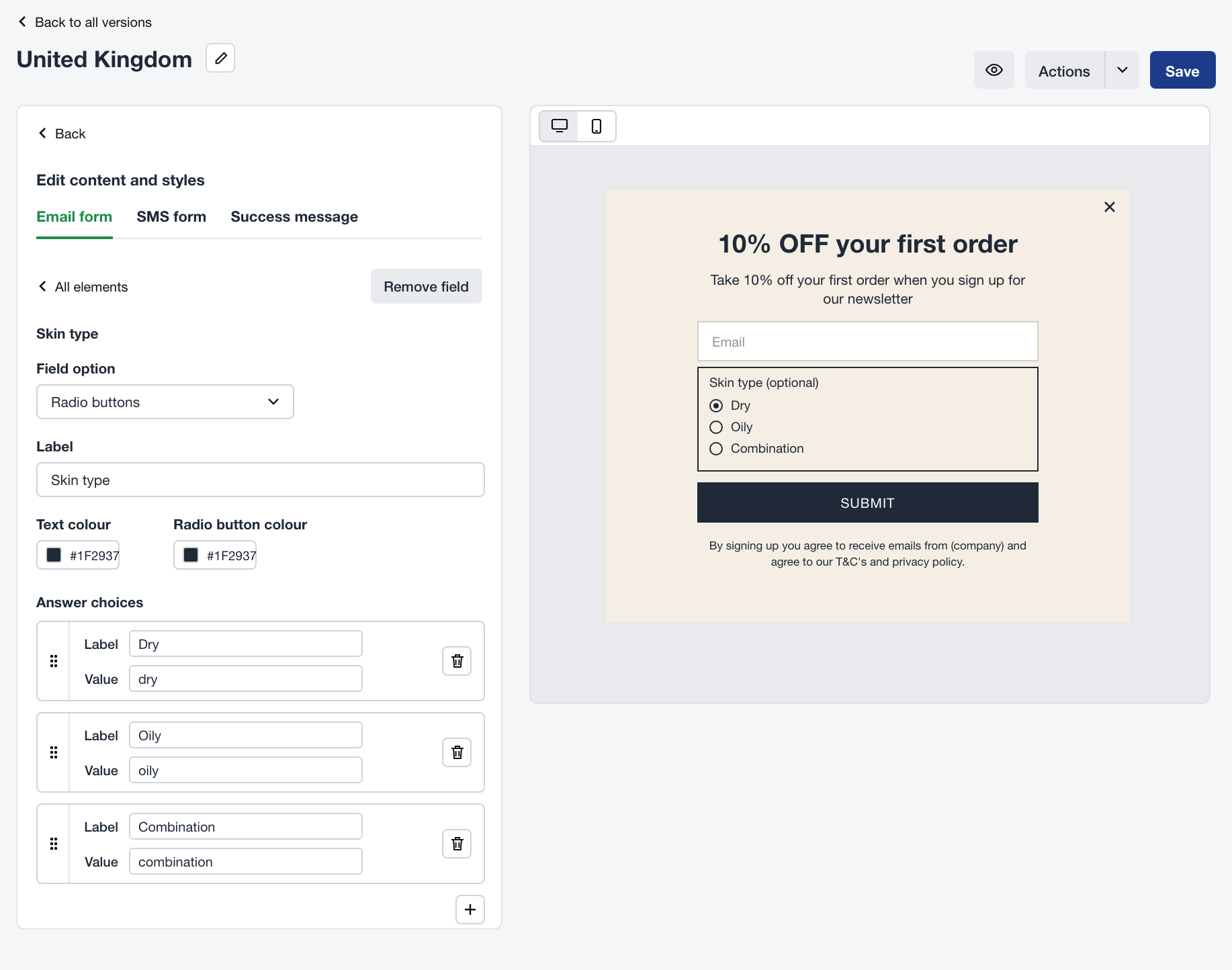 Radio buttons field option with answer choices and the overlay preview