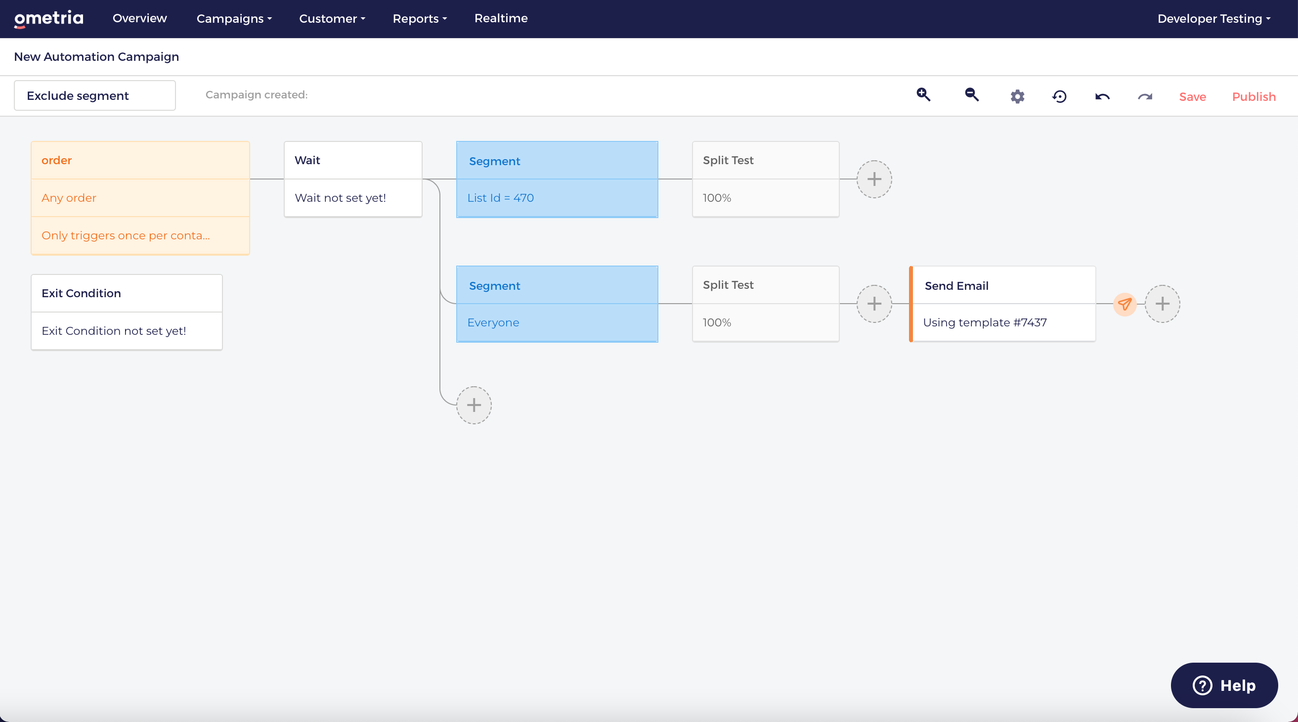 Screenshot of an automation campaign flow with two segment nodes. The top segment node has no follow up action, and the bottom segment node connects to a send email action.